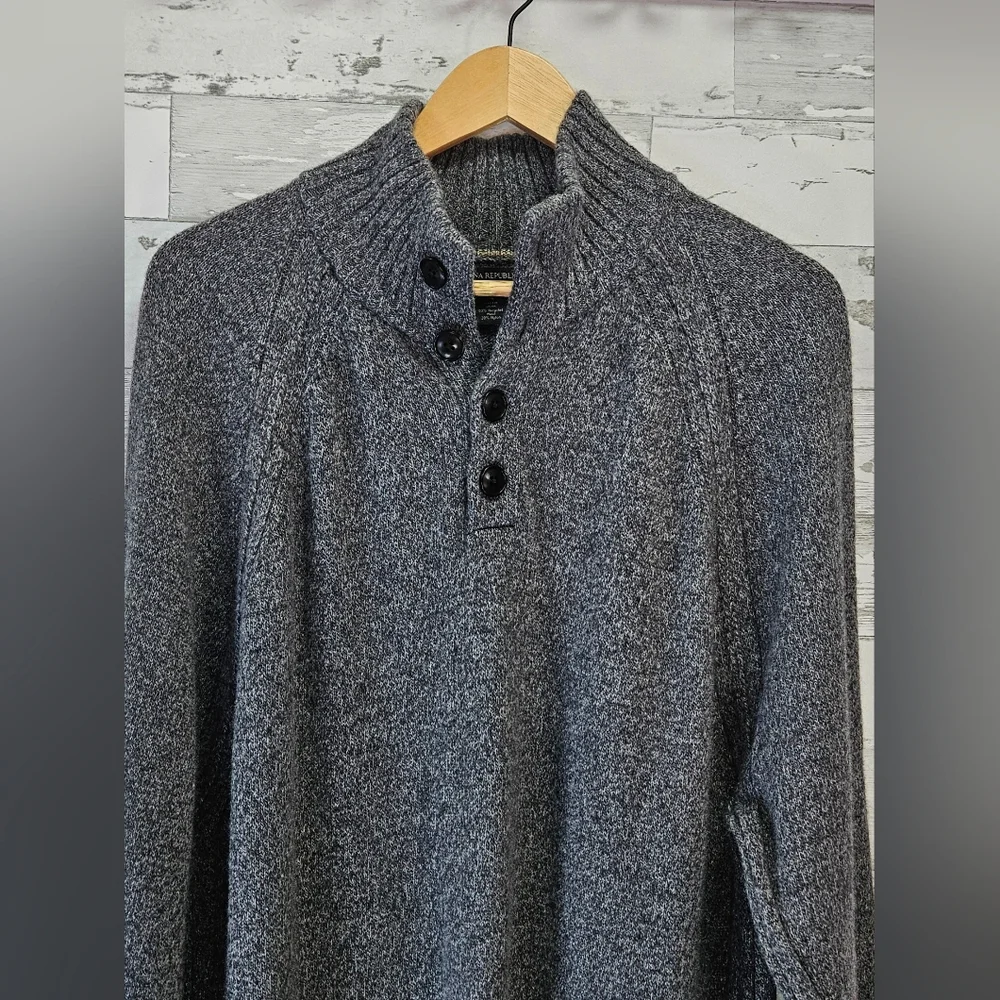 Banana Republic Mens XL Recycled Wool Blend Mock Neck Button Sweater Gray Marl